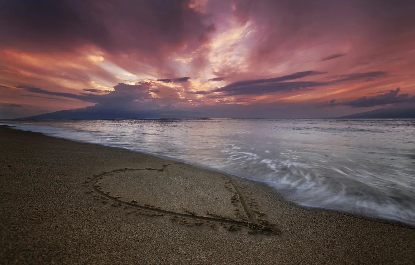 Фото обои песок, море, пляж, рассвет, сердце