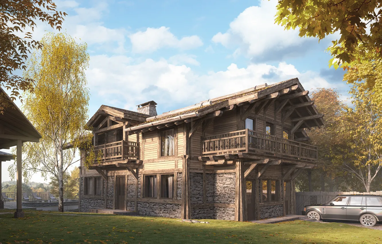 Фото обои газон, дома, автомобиль, архитектура, CHALET HOUSE