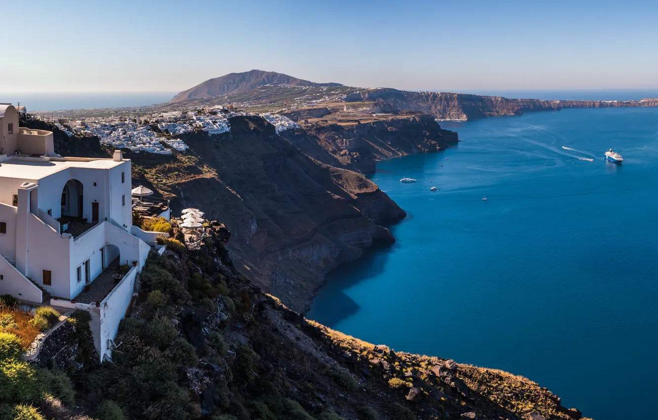 Фото обои море, Греция, панорама, Santorini