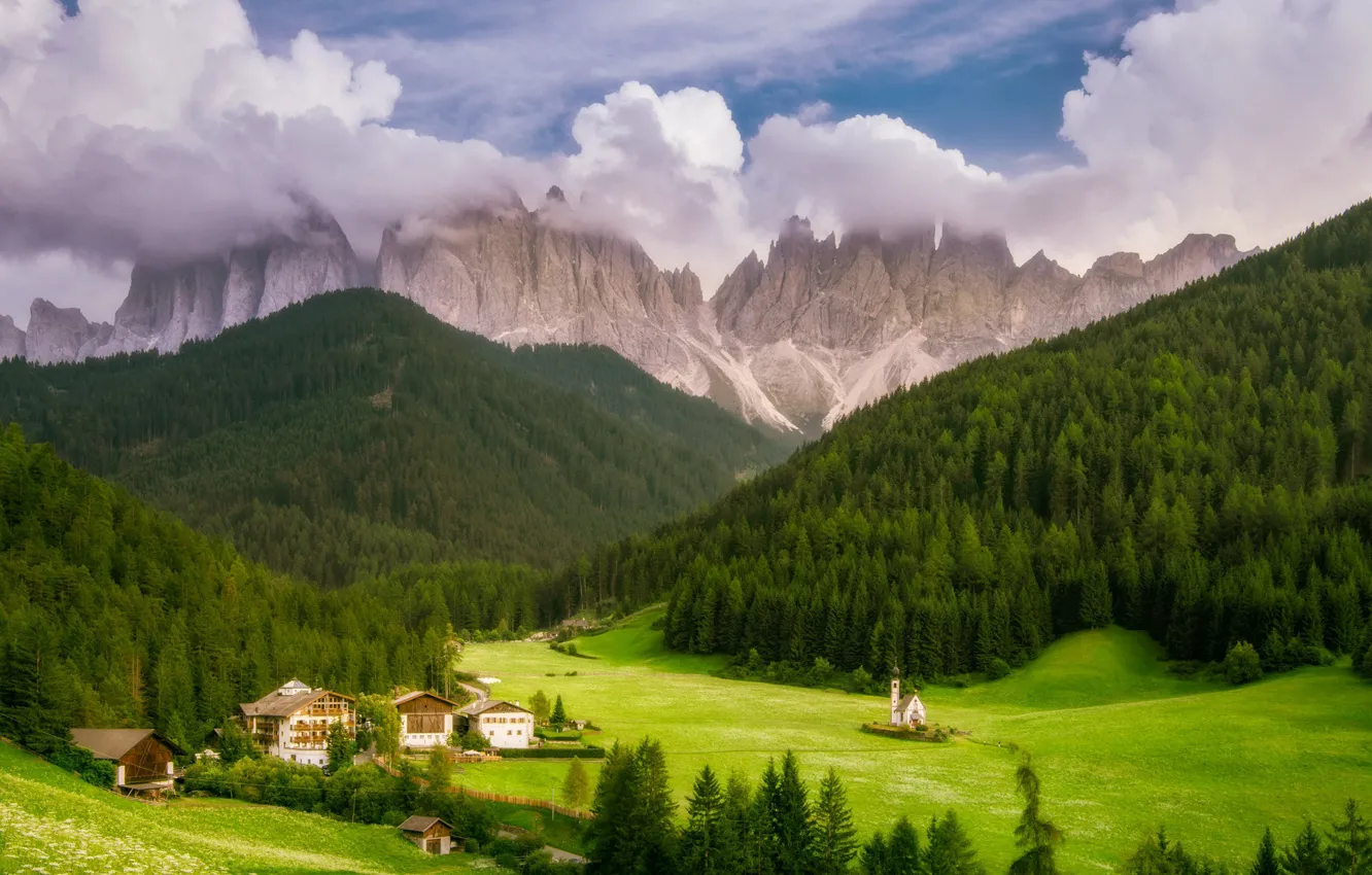 Фото обои лес, горы, Альпы, церковь