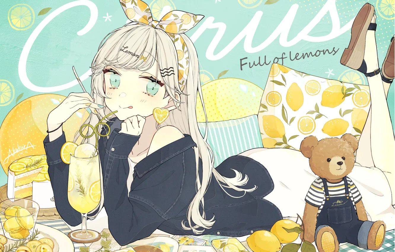 Фото обои девушка, сок, торт, трубочка, лимоны