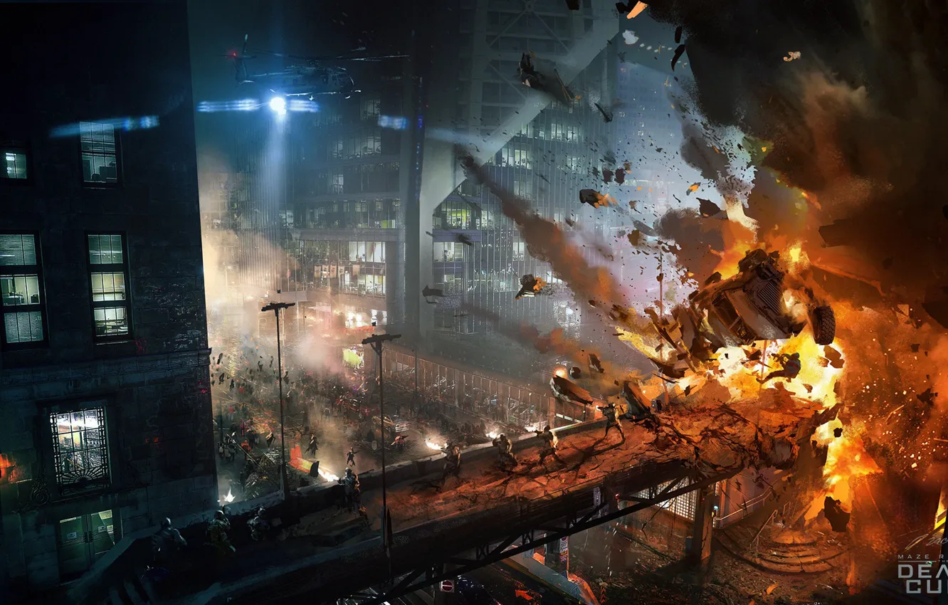 Фото обои взрыв, город, огонь, Maze Runner, Death Cure Action shots