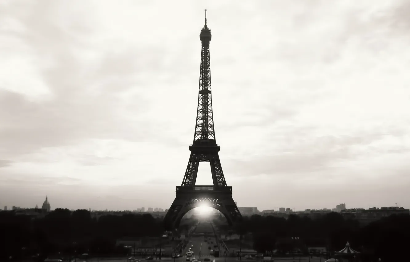 Фото обои небо, city, город, эйфелева башня, париж, ч/б, франция, paris