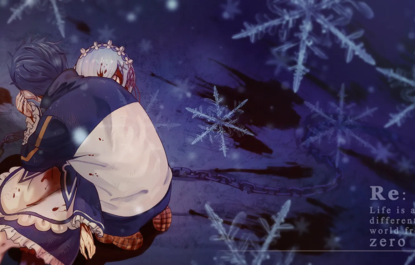 Фото обои снежинки, кровь, аниме, арт, драма, Субару, Re: Zero kara Hajimeru Isekai Seikatsu, Рем