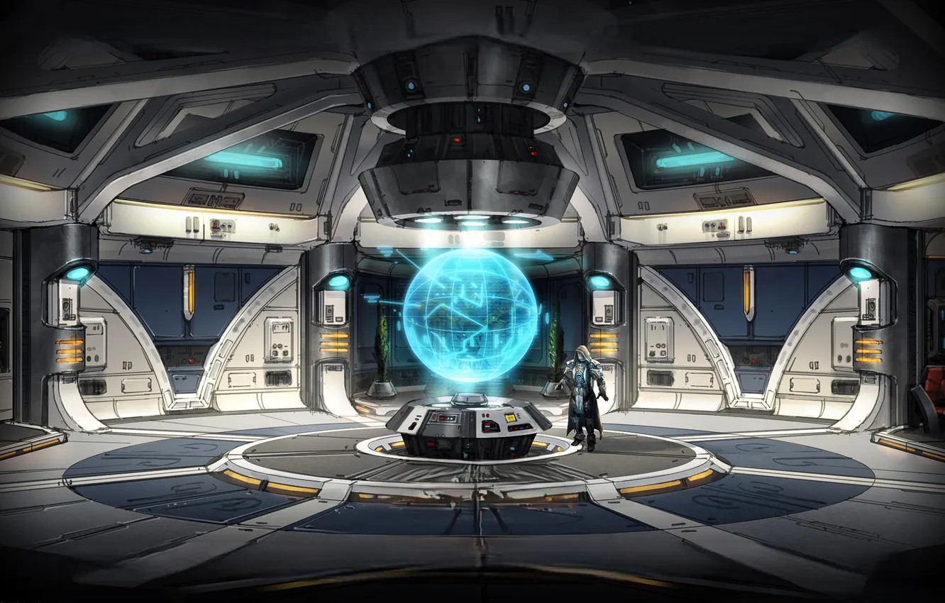 Фото обои человек, шар, техника, зал, Star Wars The Old Republic, голграмма