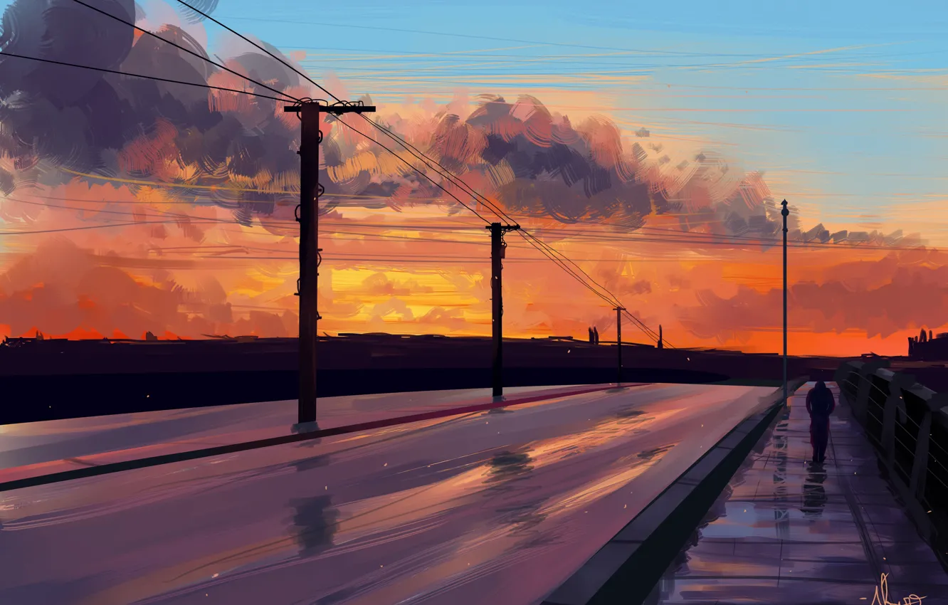 Фото обои road, sky, sunset, art, figure, clouds, artist, digital art