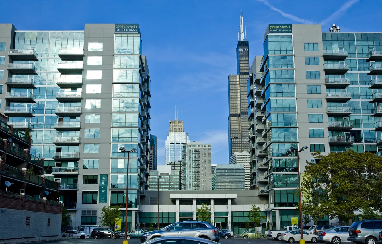 Фото обои машины, здания, дома, небоскребы, парковка, америка, чикаго, Chicago