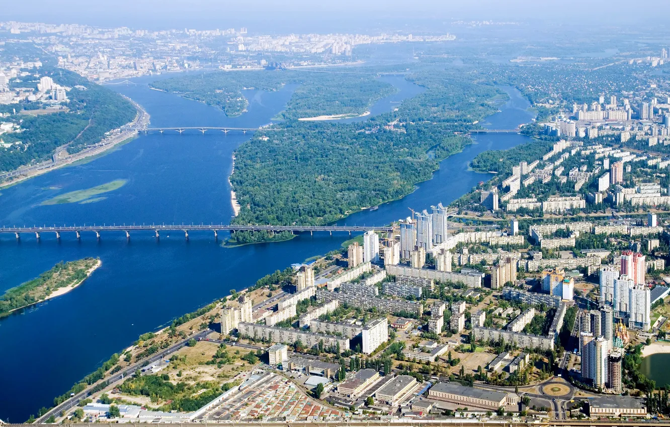 Фото обои город, река, фото, дома, сверху, мосты, Украина, Киев