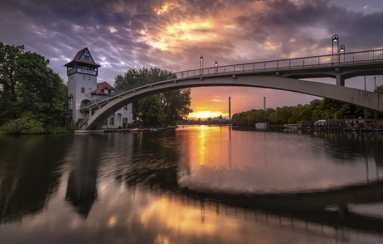 Фото обои пейзаж, мост, город, река, рассвет, утро, Германия, Берлин