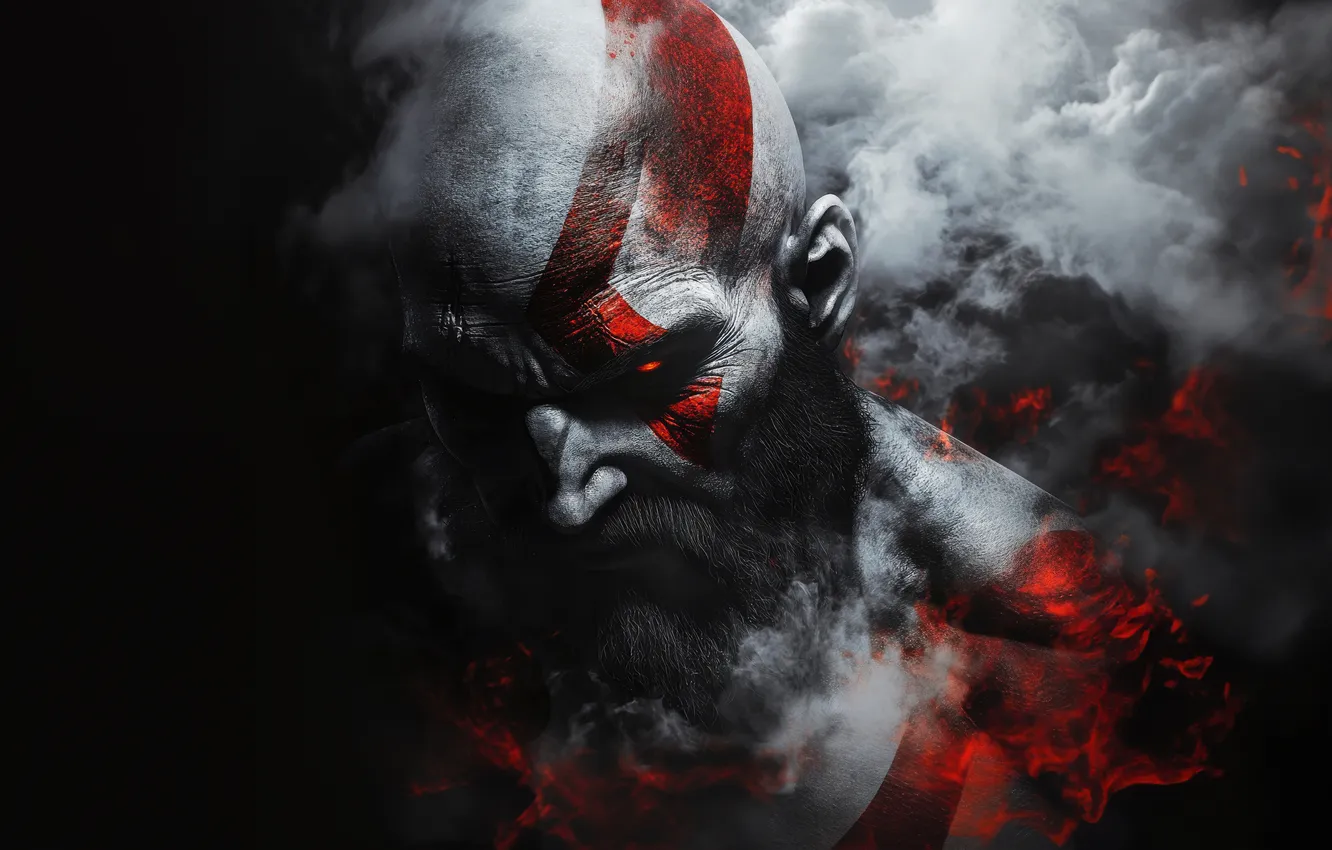 Фото обои god of war, smoke, weapon, kratos, sony, snow, blow, man