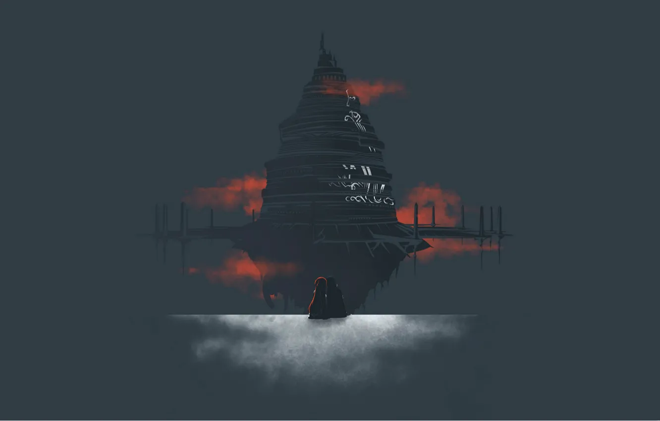 Фото обои башня, серый фон, art, Kirito, Asuna, Мастера Меча Онлайн, кровавый туман, Конец игры