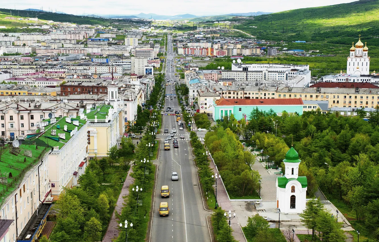 Фото обои city, view, street, houses, Magadan