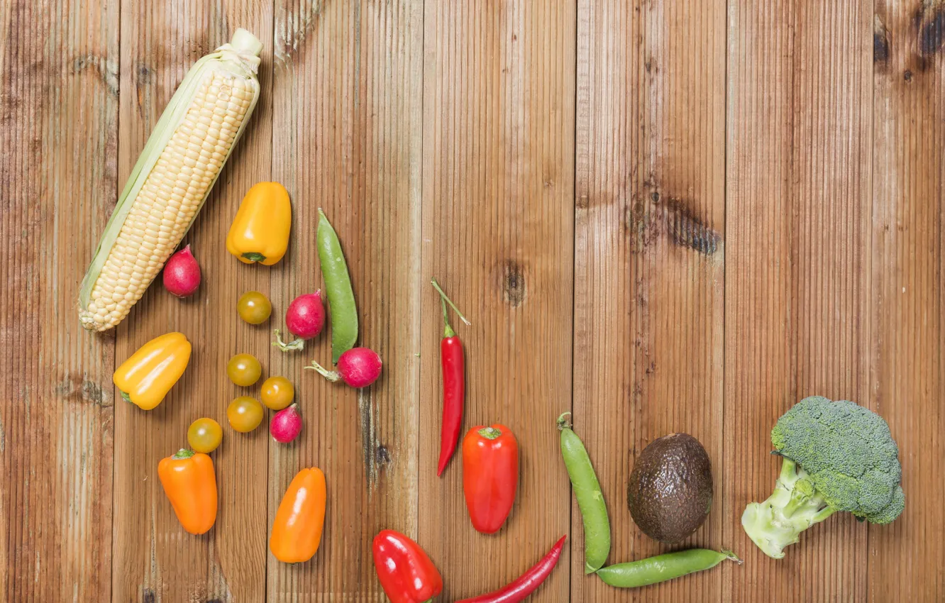 Фото обои кукуруза, перец, овощи, томат