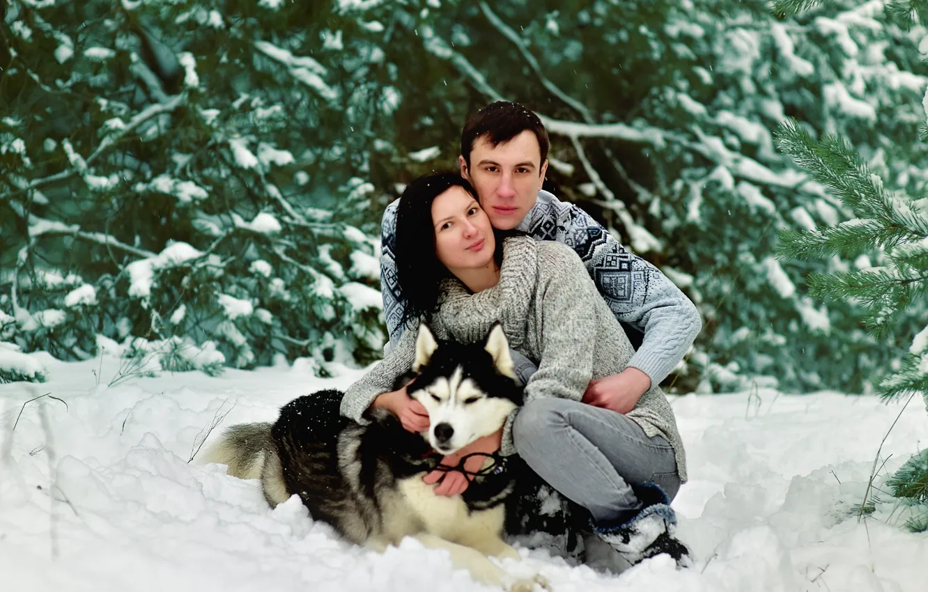 Фото обои зима, девушка, снег, природа, пара, Парень