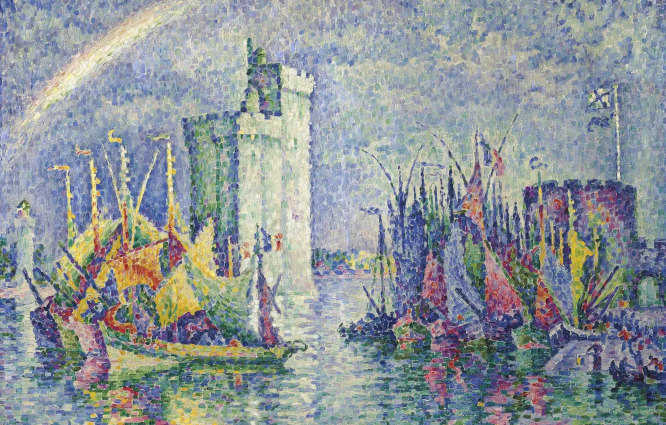 Фото обои пейзаж, корабль, радуга, картина, парус, Поль Синьяк, пуантилизм, Ла-Рошель. Порт