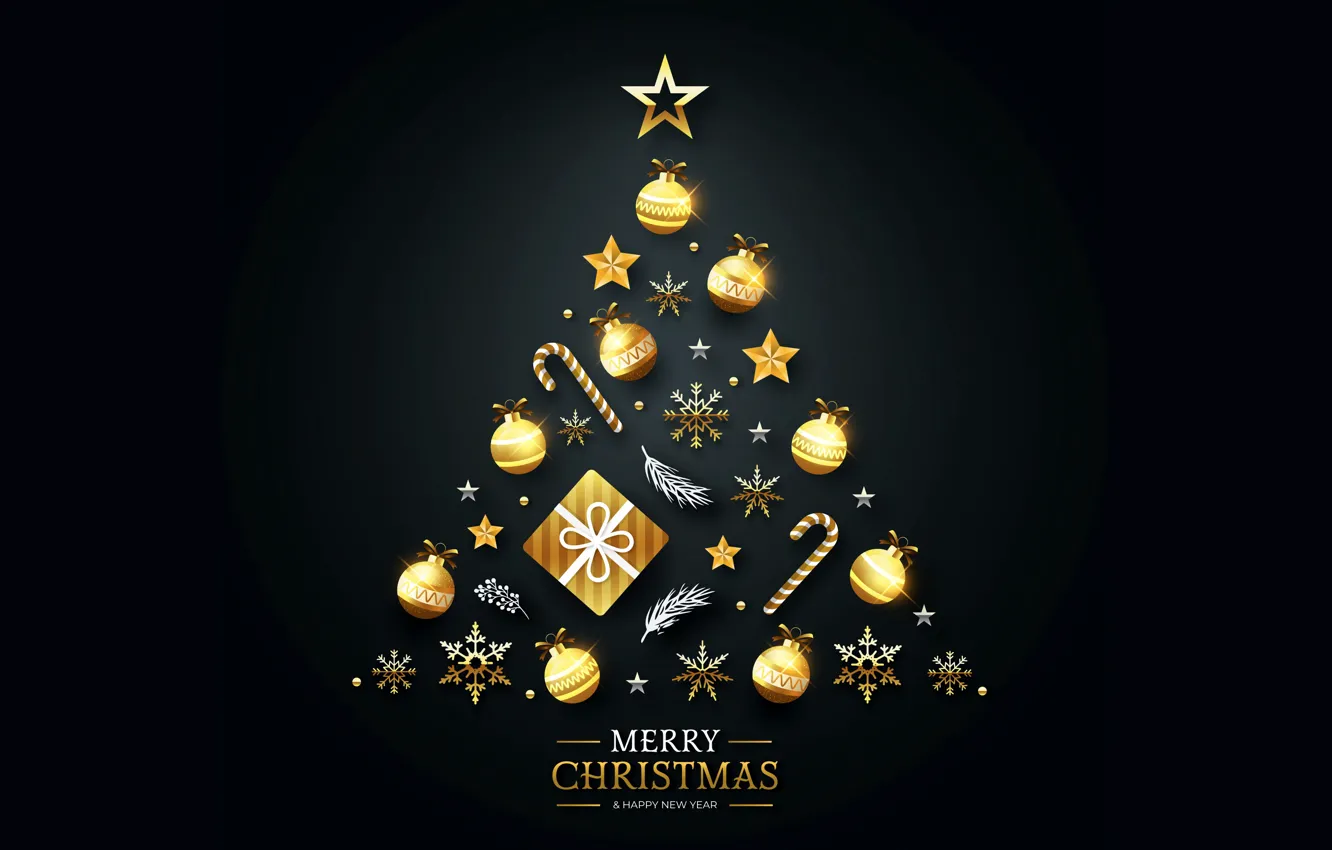 Фото обои украшения, золото, елка, Рождество, Новый год, golden, christmas, черный фон