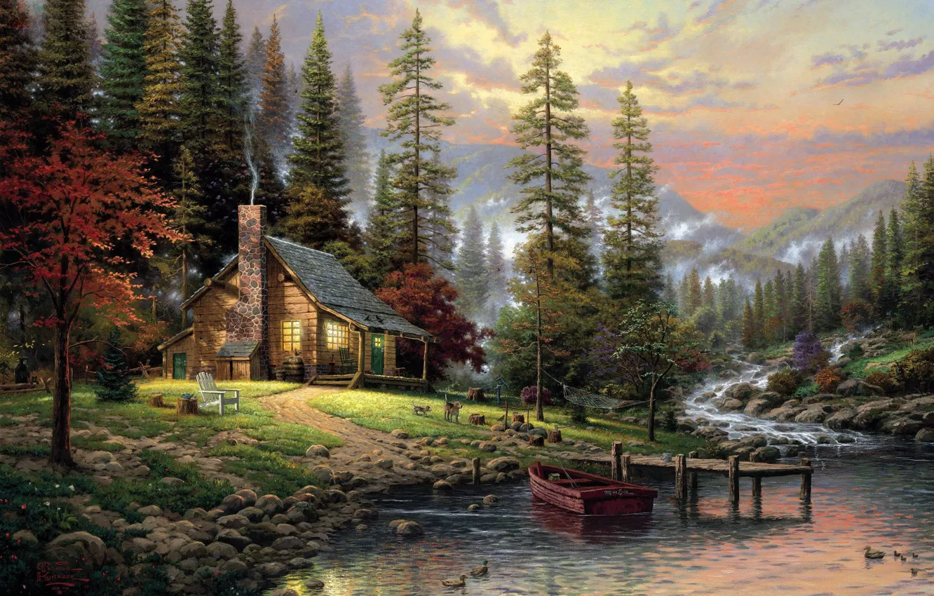 Фото обои лес, собаки, туман, дом, река, камни, лодка, рисунок