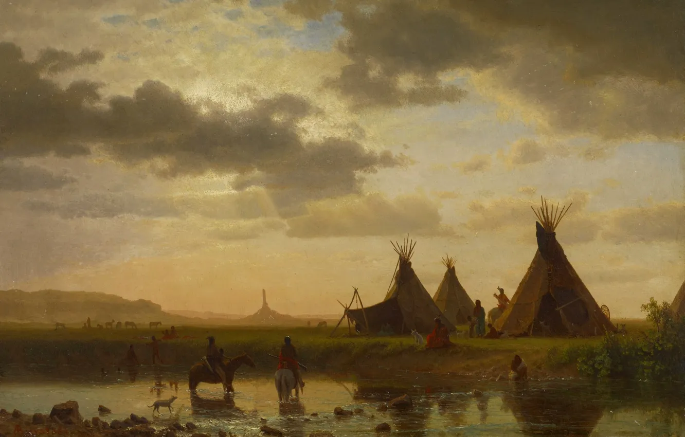 Фото обои пейзаж, картина, индейцы, вигвам, Альберт Бирштадт