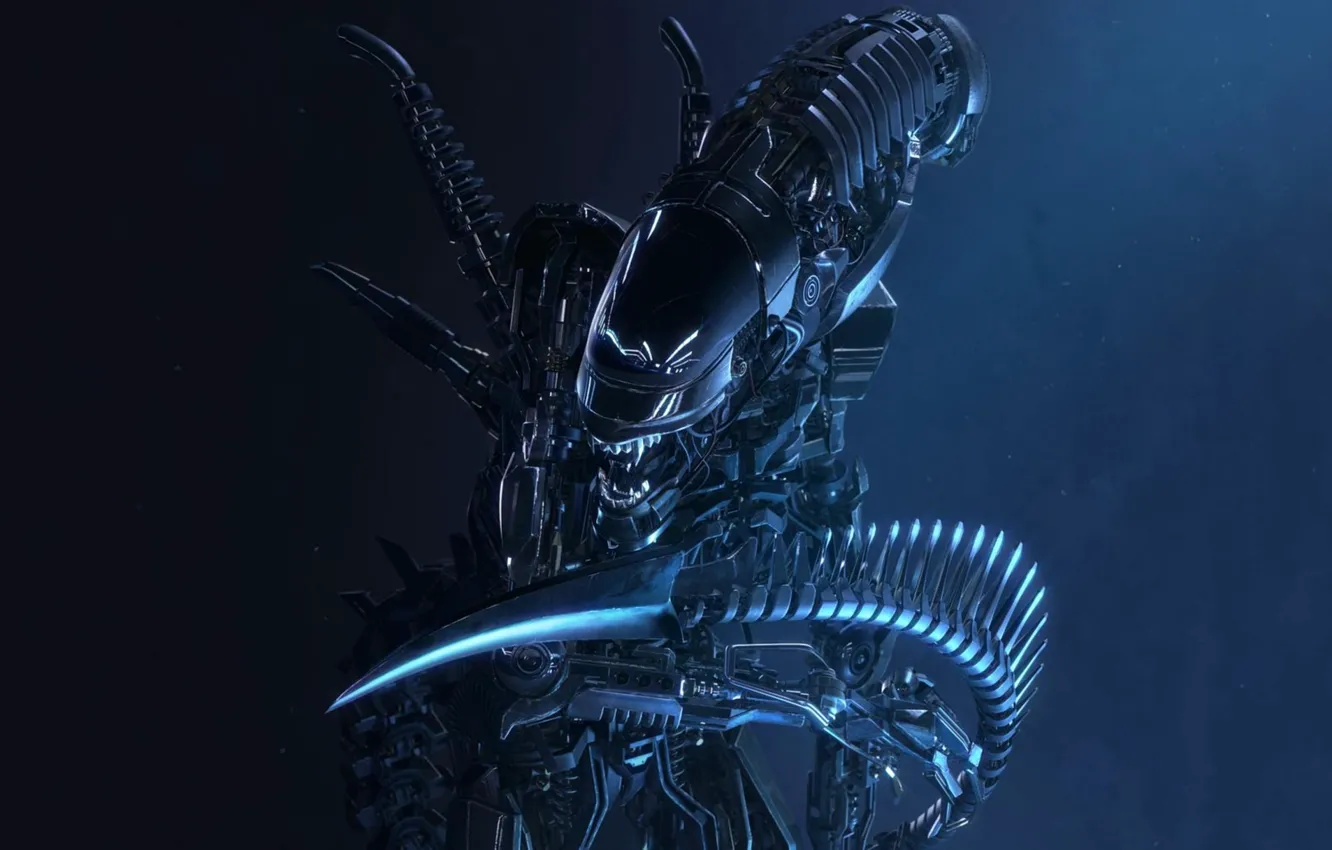 Фото обои металл, темный фон, механизм, робот, чужой, арт, клыки, Alien