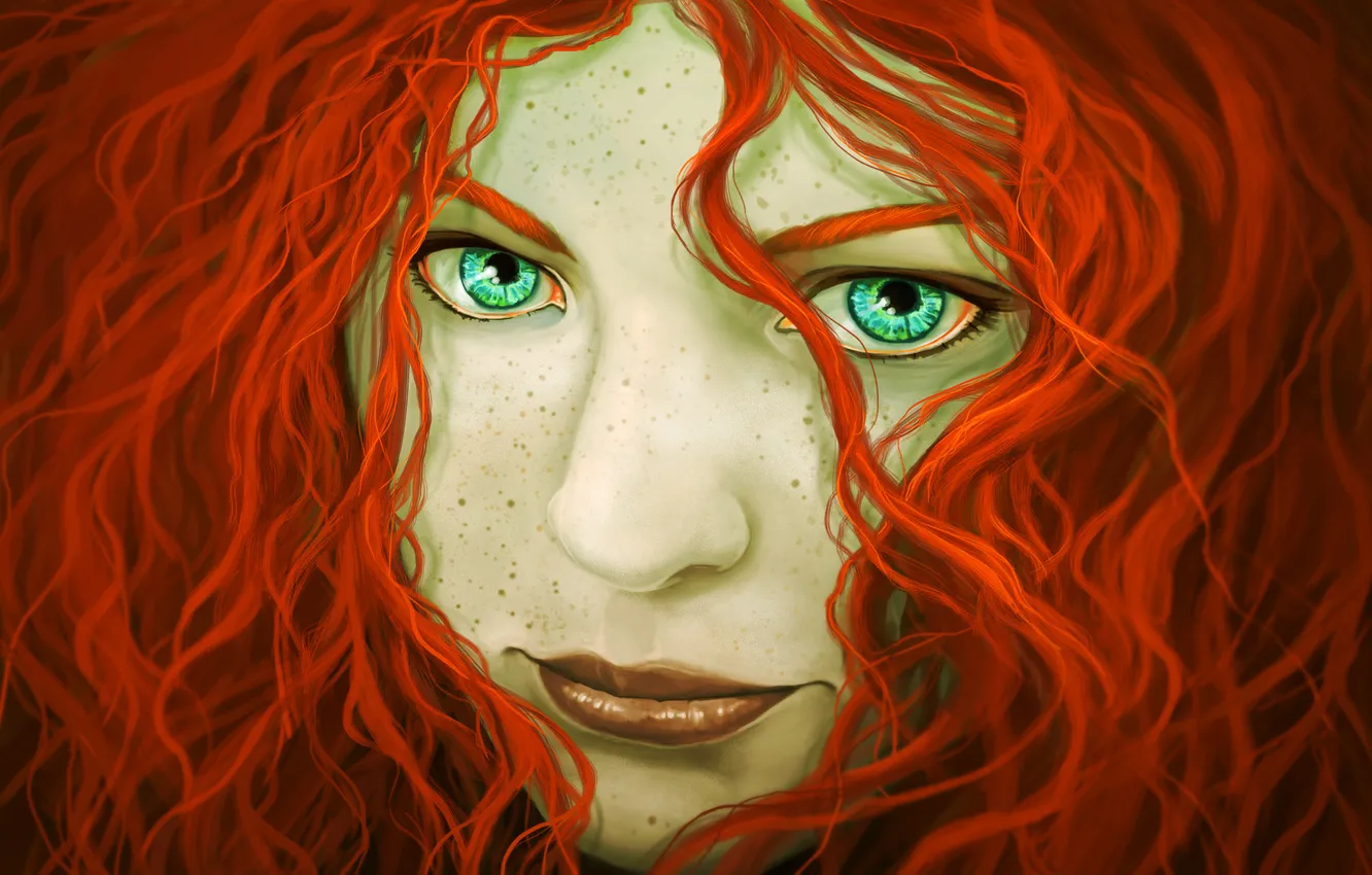 Фото обои взгляд, девушка, лицо, волосы, арт, веснушки, кудряшки, рыжая