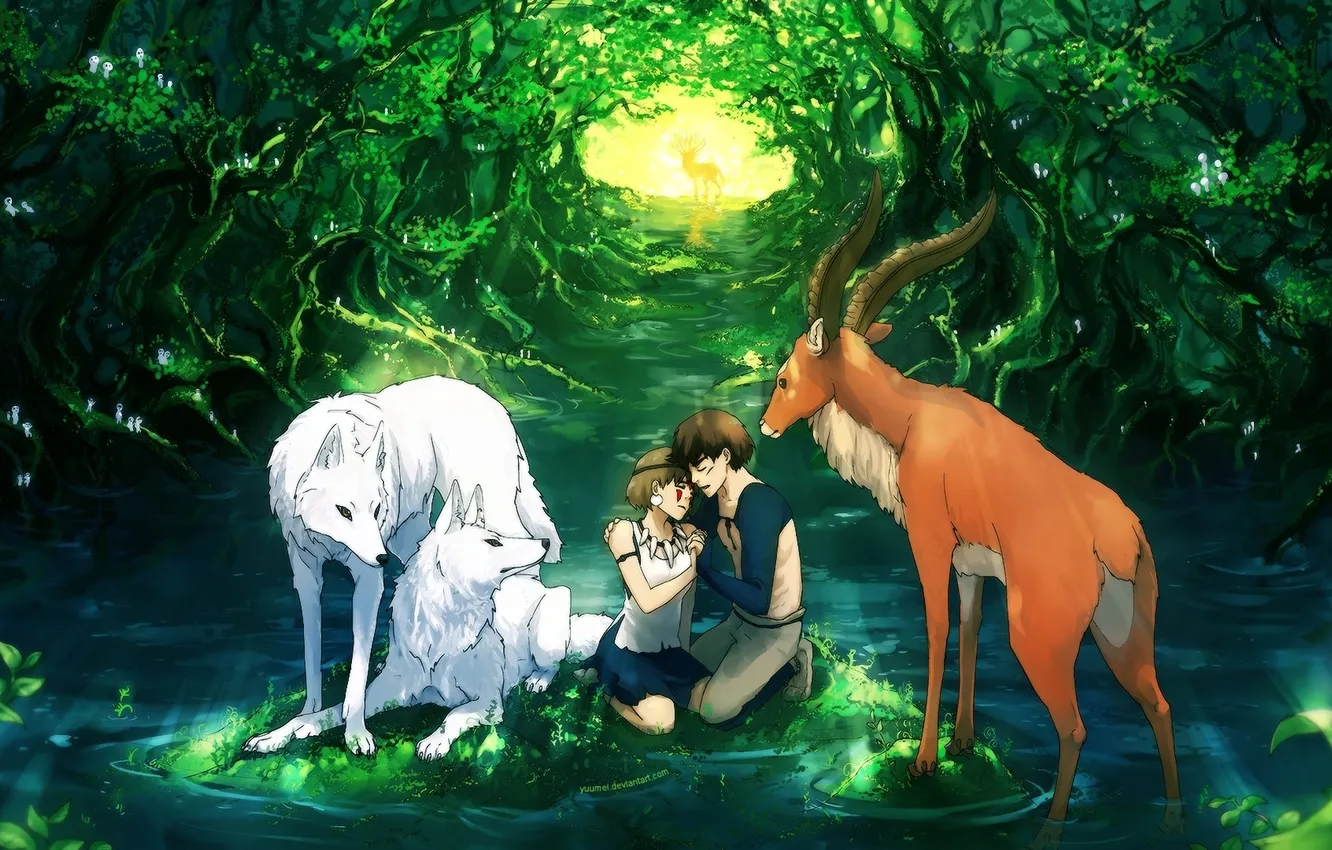 Фото обои лес, вода, девушка, пруд, олень, арт, волки, парень