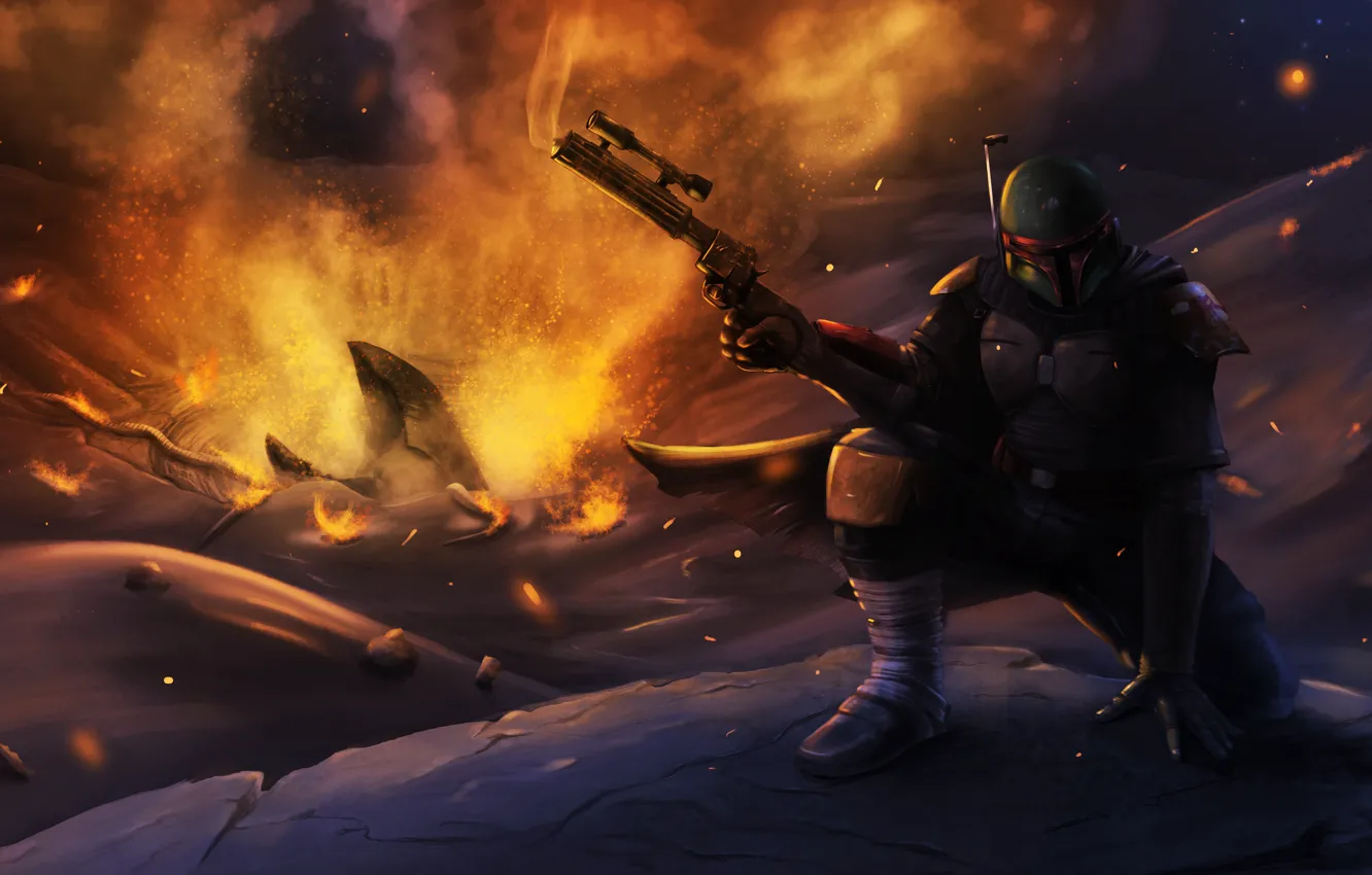 Фото обои Star Wars, шлем, art, boba fett, bounty hunter, Mandalorian warrior