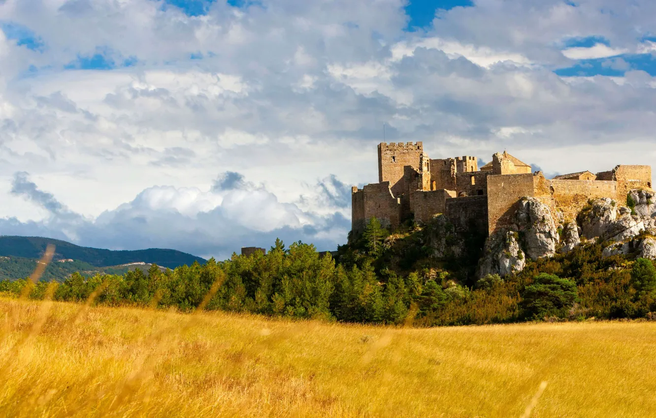 Фото обои поле, осень, крепость, Испания, Арагон, замок Лоарре