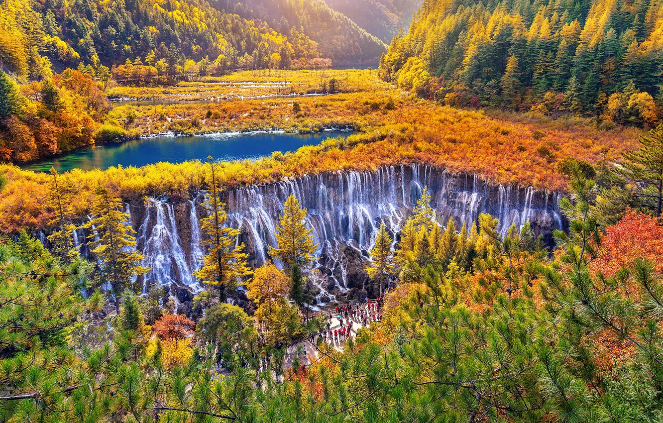 Фото обои осень, China, Китай, Autumn, Jiuzhaigou Valley, Водопад Нуориланг, Nuorilang Waterfall, долина Цзючжайгоу