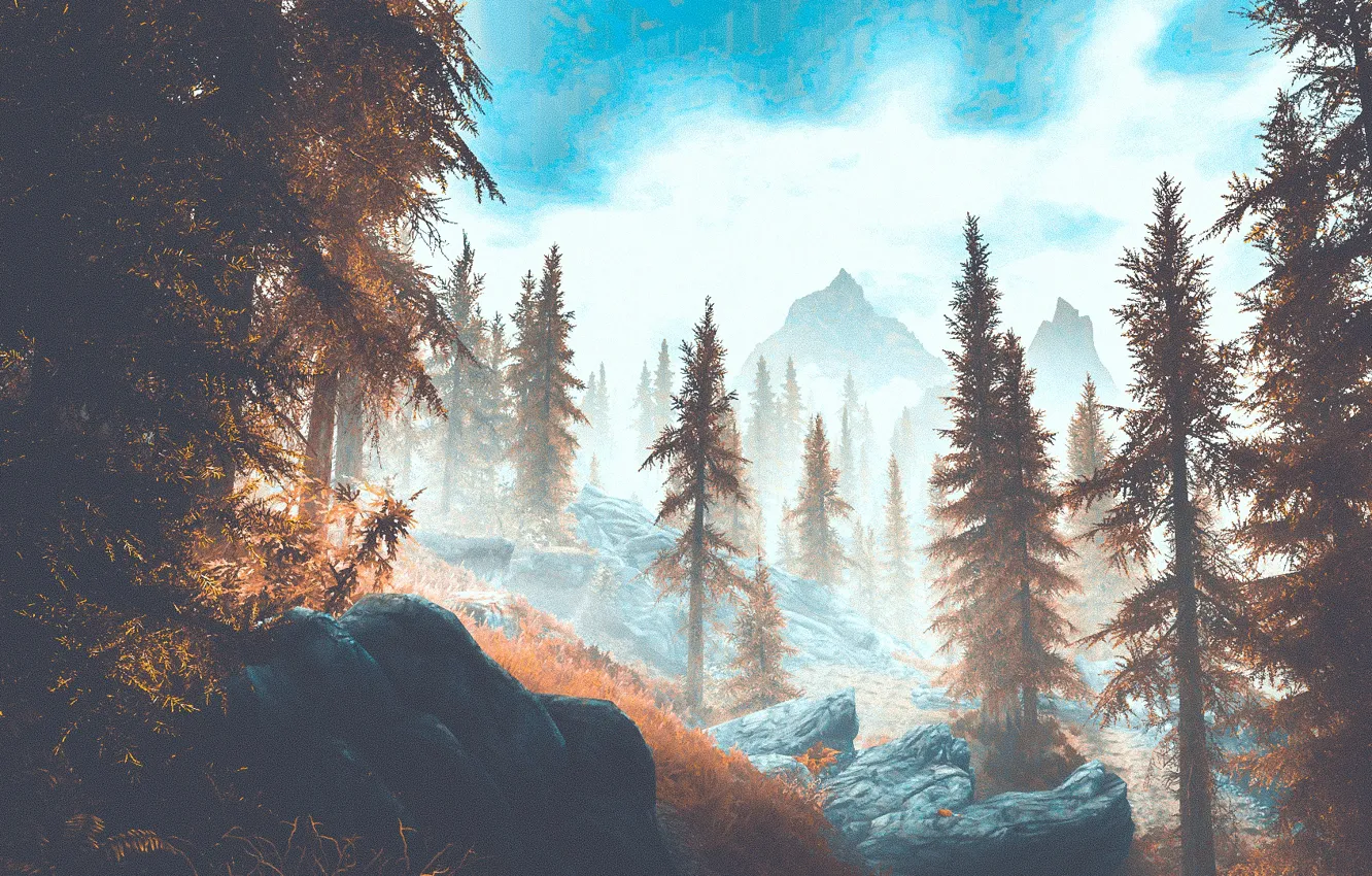 Фото обои осень, горы, ели, Skyrim, by WatchTheSkiies