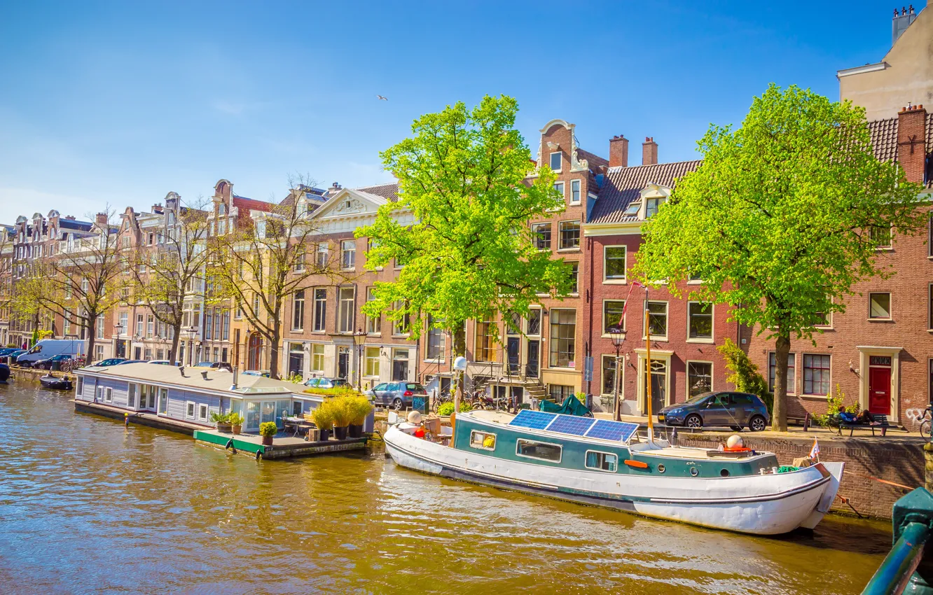 Фото обои река, весна, лодки, Амстердам, Amsterdam, old, spring, buildings