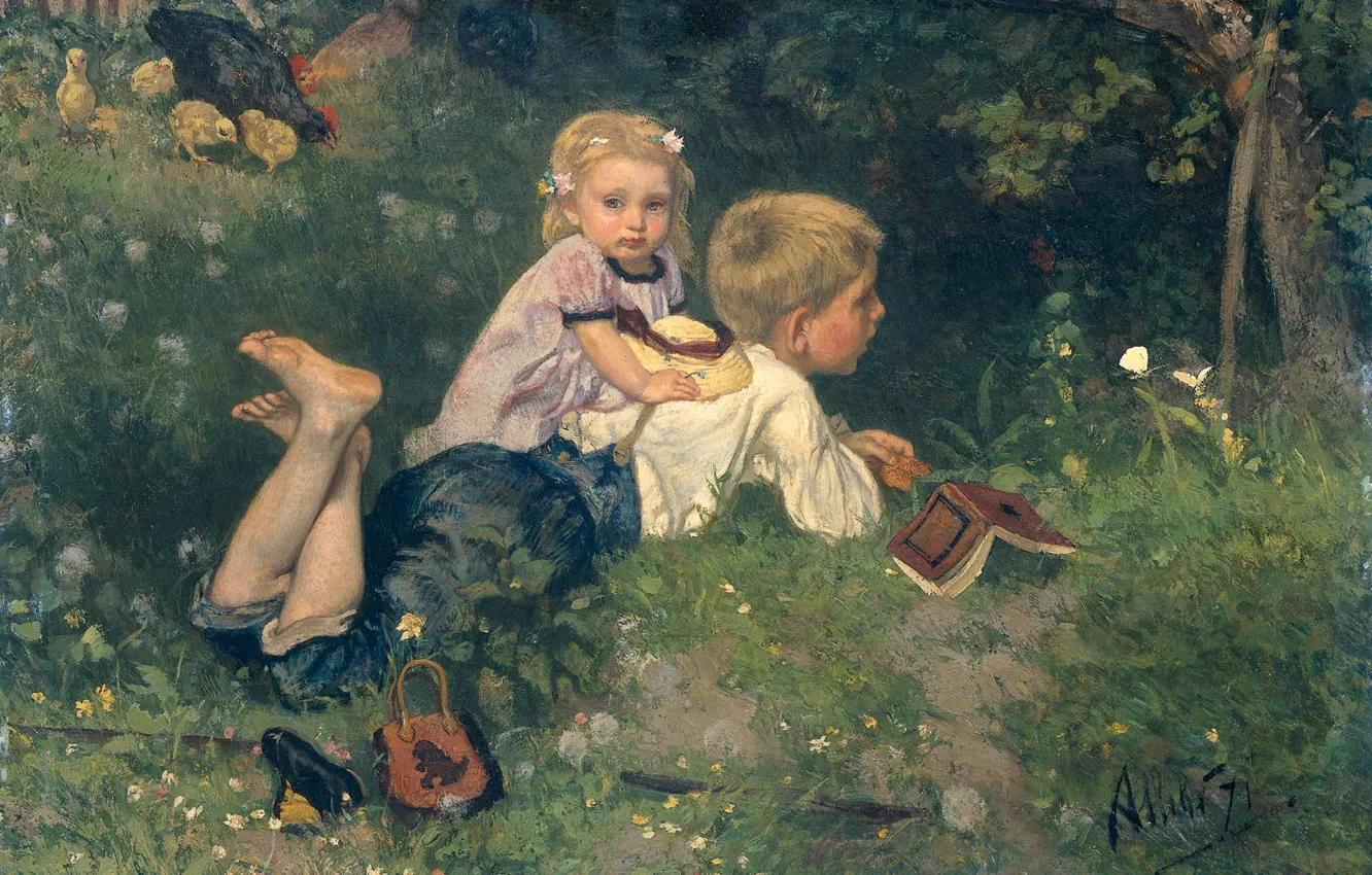 Фото обои дети, масло, картина, Бабочки, 1871, Август Аллебе, August Allebe