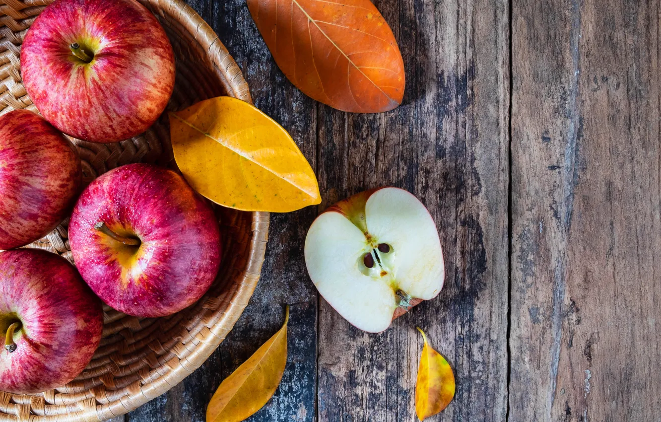 Фото обои осень, листья, яблоки, wood, autumn, leaves, fruits, осенние