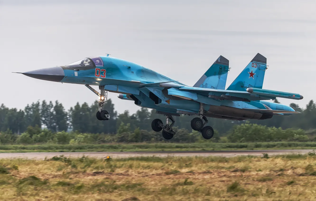 Фото обои истребитель, бомбардировщик, аэродром, взлет, Су-34