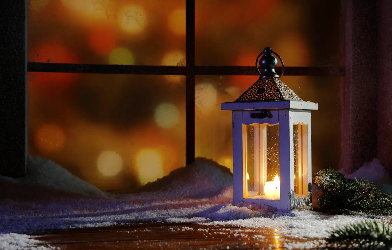 Фото обои зима, снег, украшения, Новый Год, окно, Рождество, фонарь, Christmas