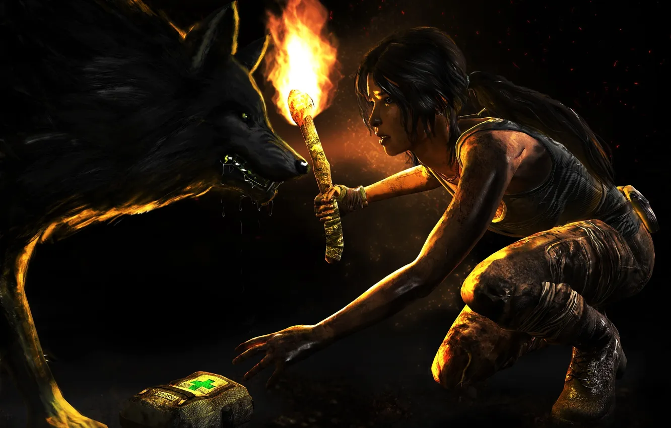 Фото обои взгляд, девушка, огонь, животное, игра, волк, хищник, арт