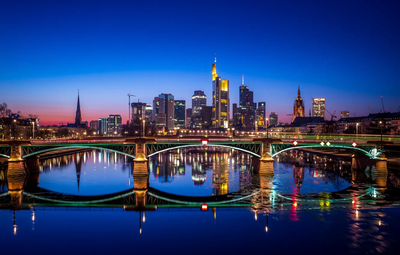 Фото обои ночь, мост, отражение, река, Германия, Frankfurt, Франкфурт-на-Майне, Франкфурт