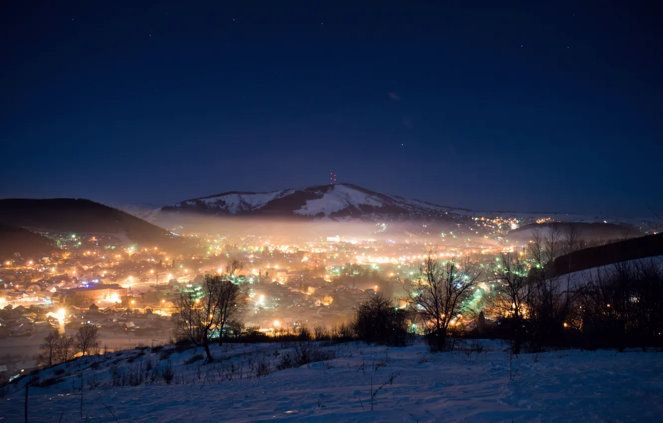Фото обои зима, ночь, огни, Город, Горно-Алтайск