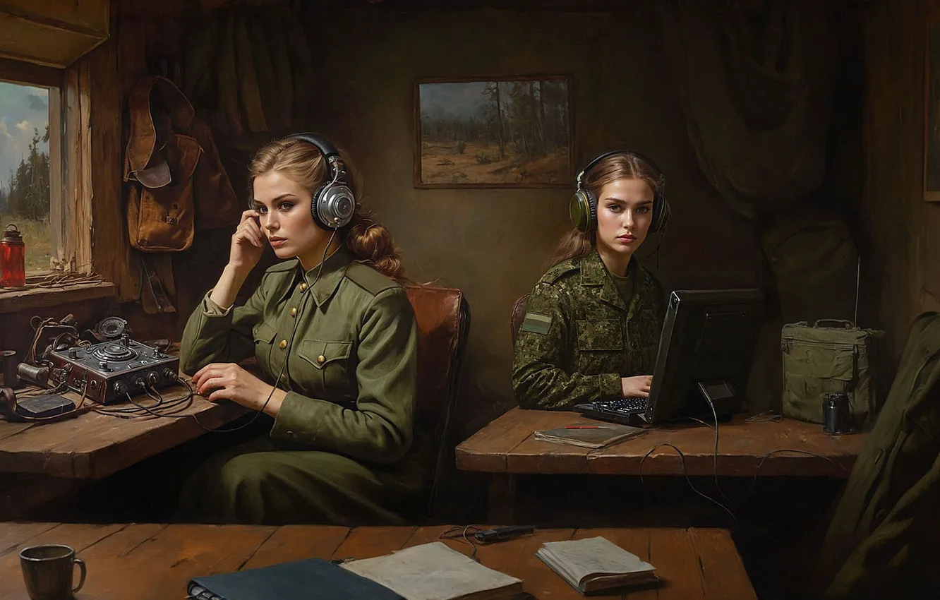 Фото обои Девушки, Наушники, Солдаты, Двое, Праздник, Арт, 8 марта, Международный женский день
