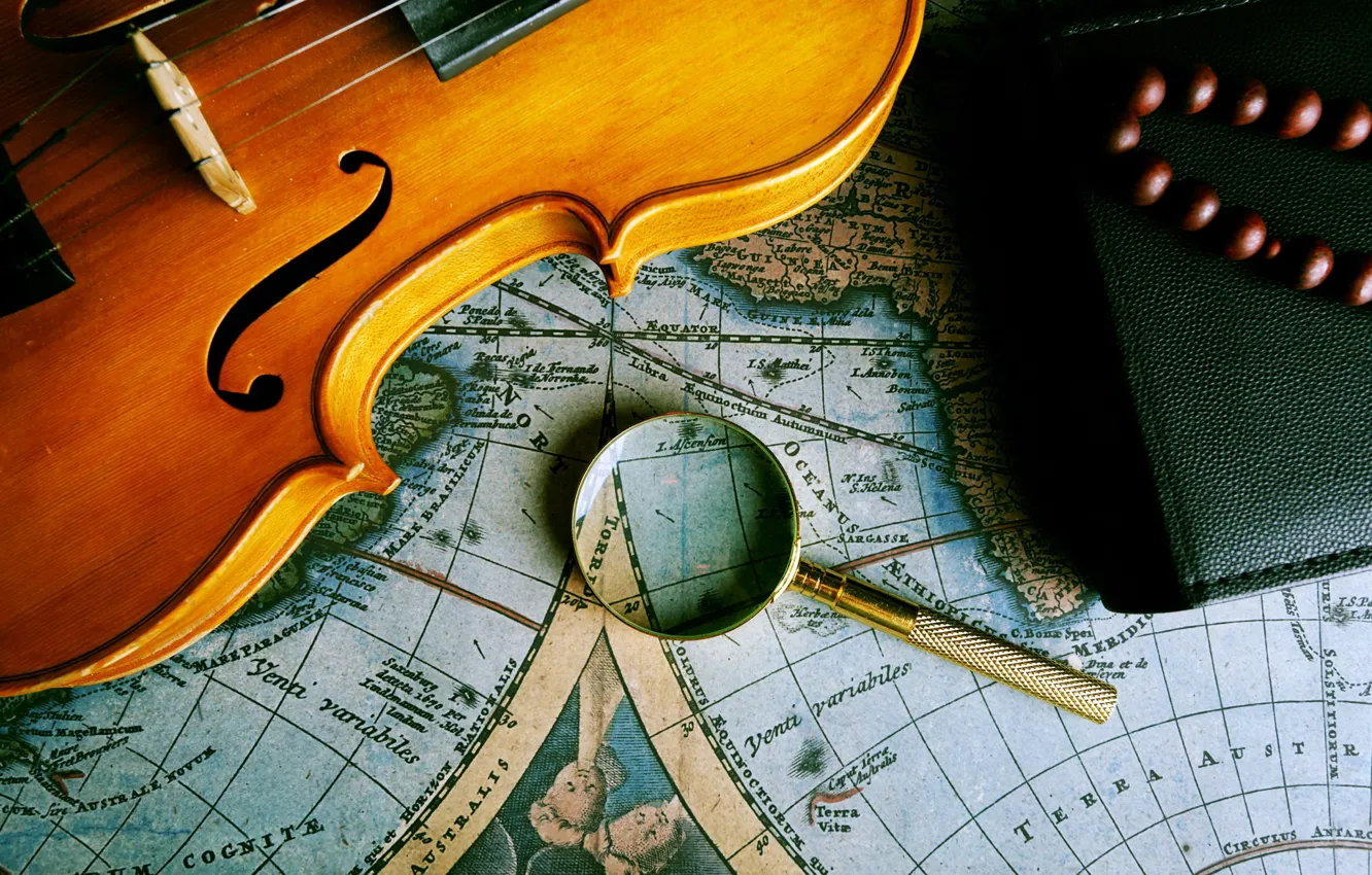 Фото обои map, violin, magnifying glass