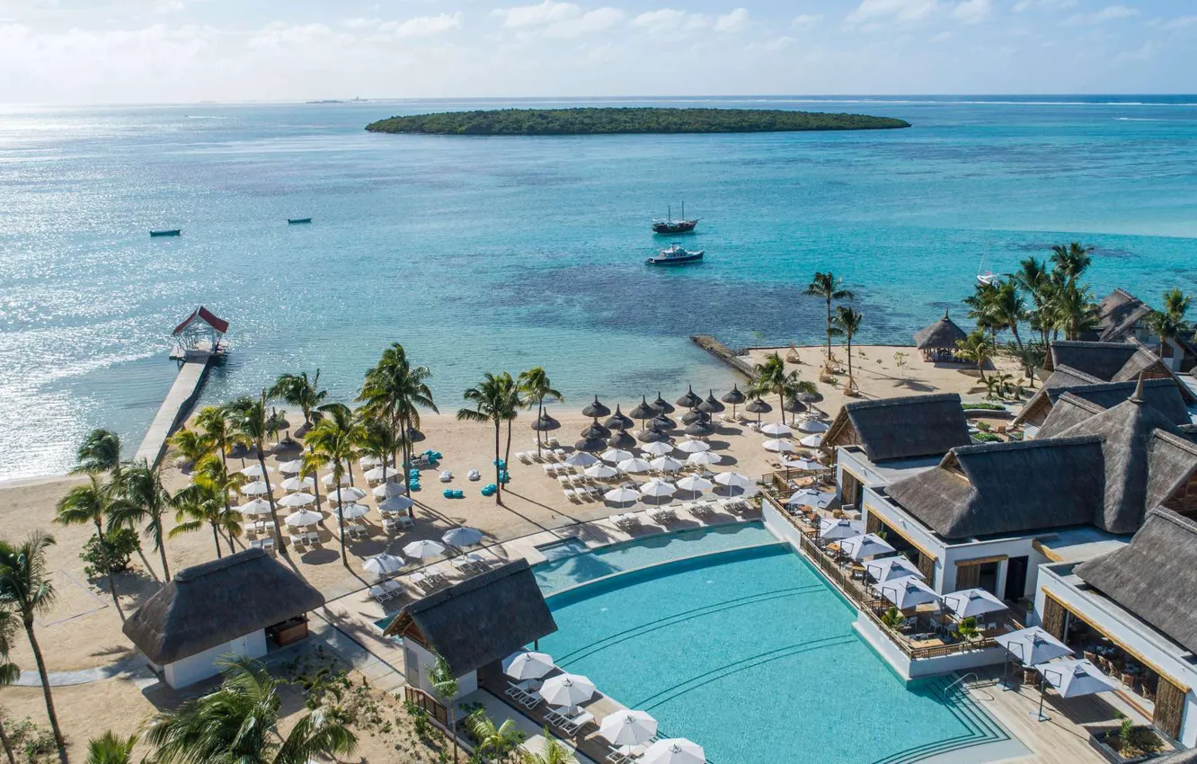 Фото обои пляж, пальмы, океан, бассейн, курорт, Маврикий, Mauritius, Indian Ocean