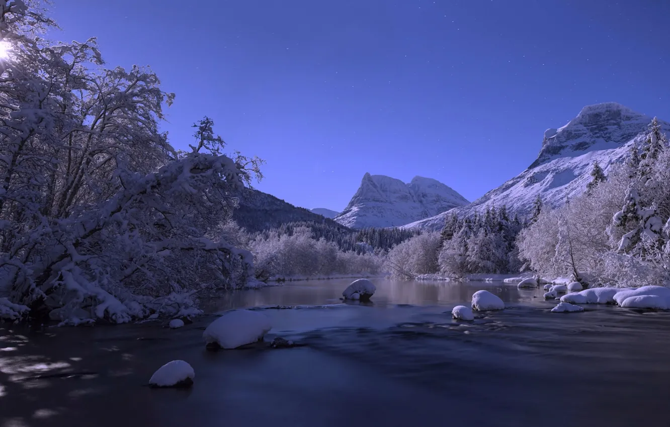 Фото обои зима, снег, деревья, горы, река, Норвегия, Norway