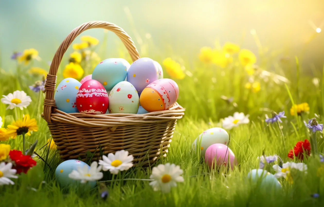 Фото обои цветы, корзина, поляна, яйца, весна, colorful, Пасха, happy