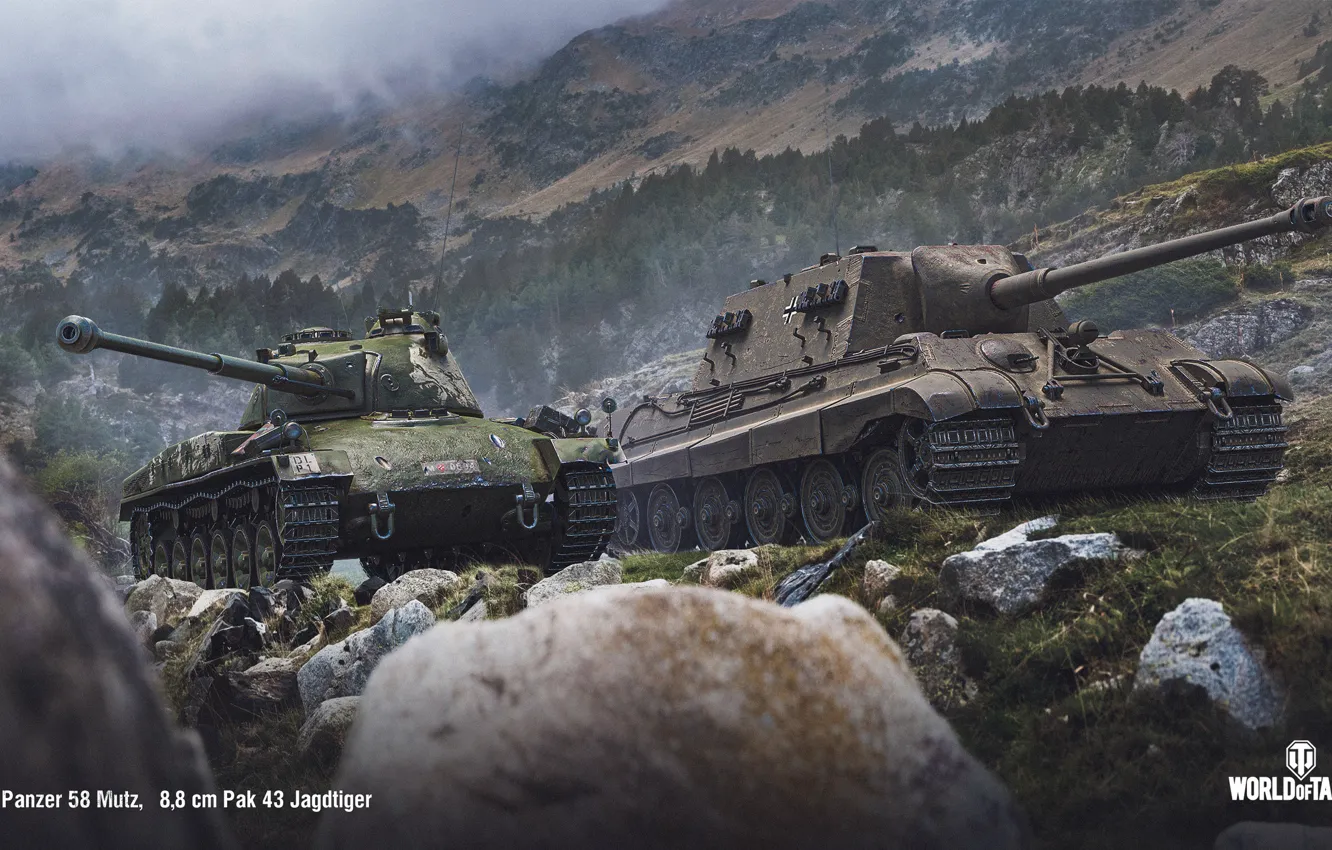 Фото обои WoT, World of Tanks, Jagdtiger, Wargaming, Panzer 58 Mutz, 8.8 cm Pak 43