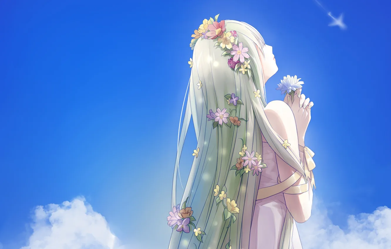 Фото обои небо, девушка, облака, цветы, аниме, арт, ice, vocaloid