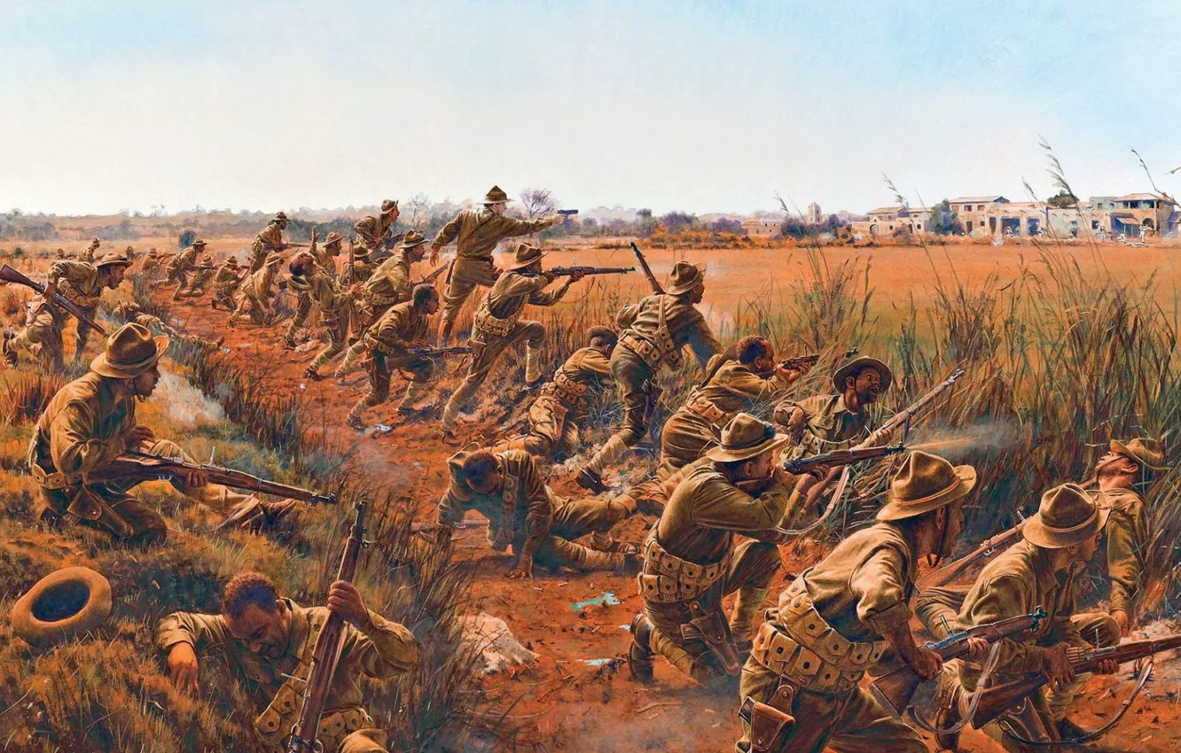 Фото обои война, рисунок, бой, арт, солдаты, винтовки, WWI, американские