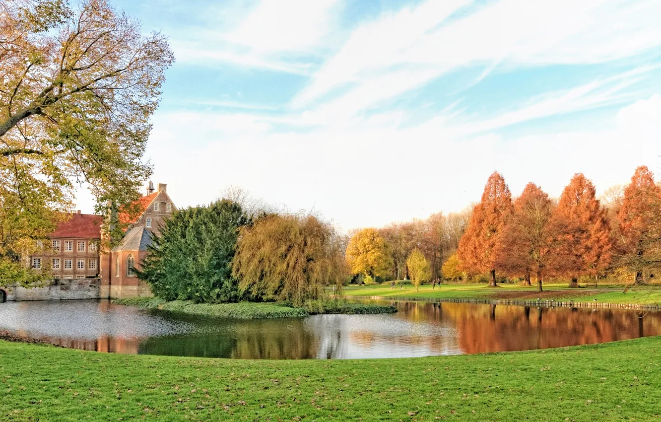 Фото обои осень, трава, деревья, пруд, парк, Германия, лужайки, Burg Hülshoff