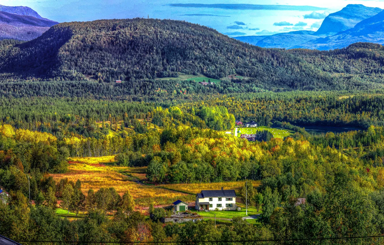 Фото обои лес, небо, деревья, горы, природа, дом, норвегия