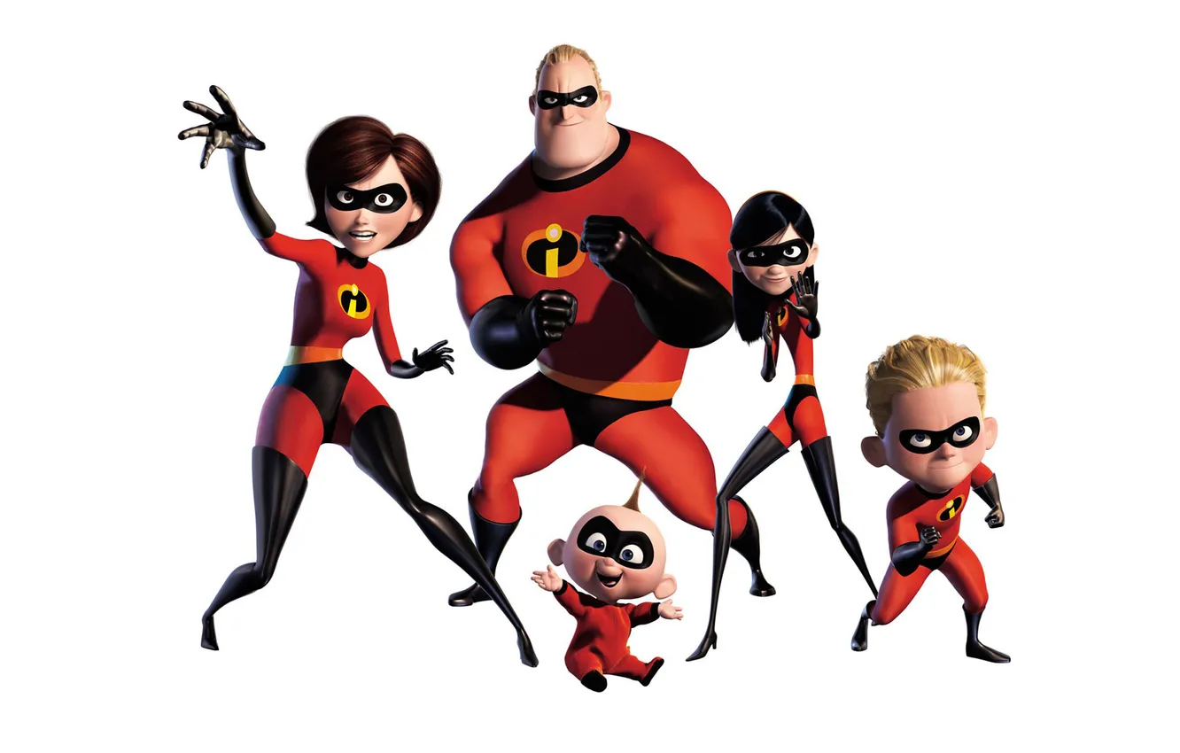 Фото обои мультфильм, семья, белый фон, маски, костюмы, супергерои, The Incredibles, Суперсемейка