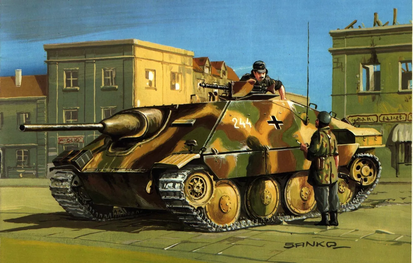 Фото обои город, улица, рисунок, солдаты, разговор, установка, самоходная, артиллерийская