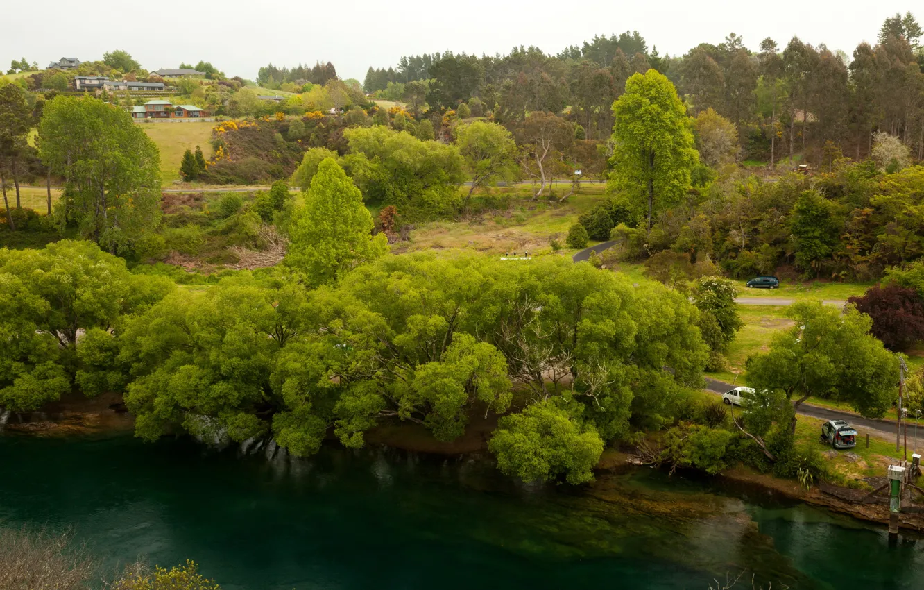 Фото обои деревья, река, берег, дороги, дома, Новая Зеландия, Waikato River, Уаикато